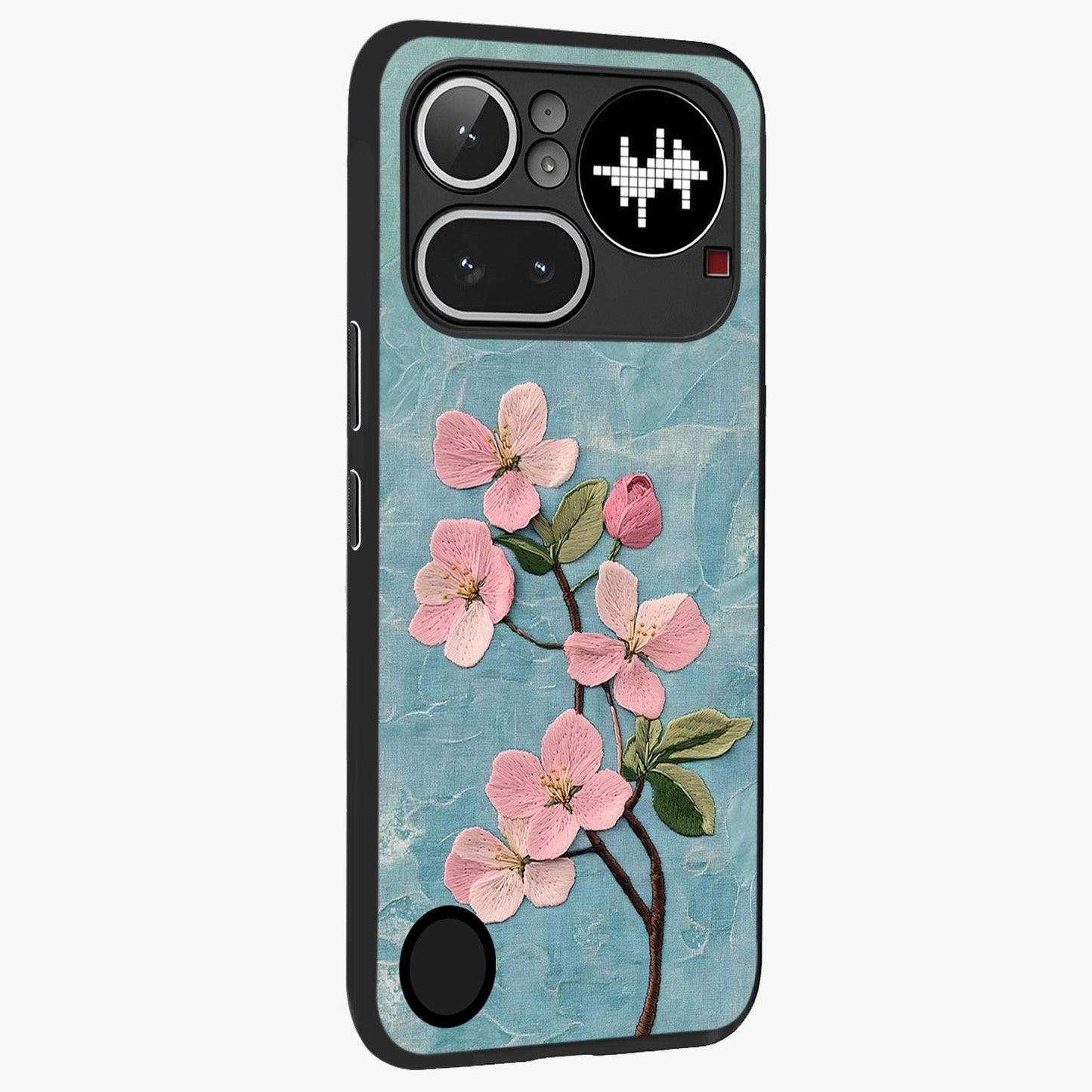Threaded Blossom Breeze Glass Case upright view showcasing graceful flower artwork with calm botanical theme.