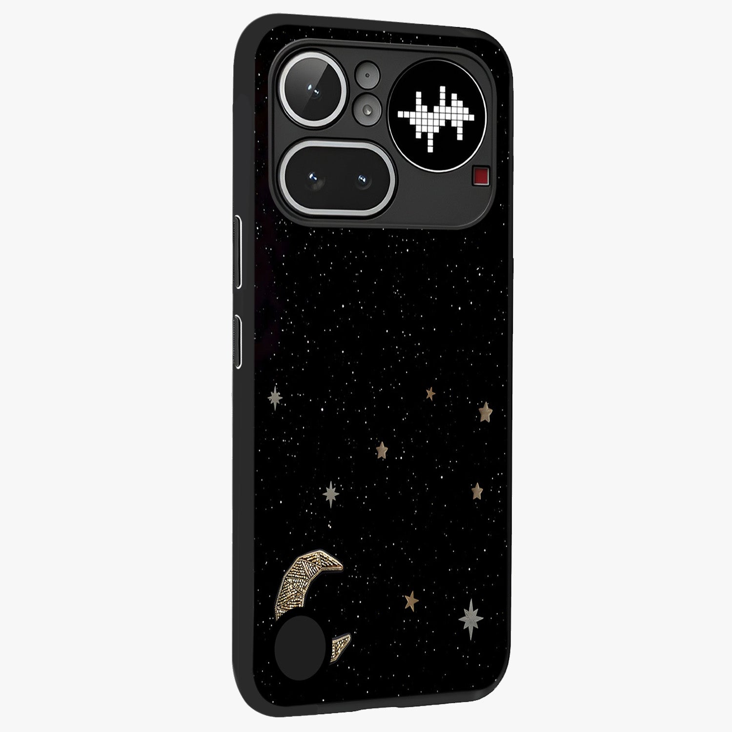 Twinkle Star With Half Moon Glass Case upright view showcasing glowing cosmic artwork with dreamy night theme.