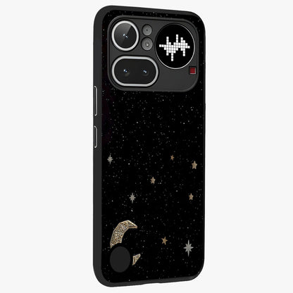 Twinkle Star With Half Moon Glass Case upright view showcasing glowing cosmic artwork with dreamy night theme.