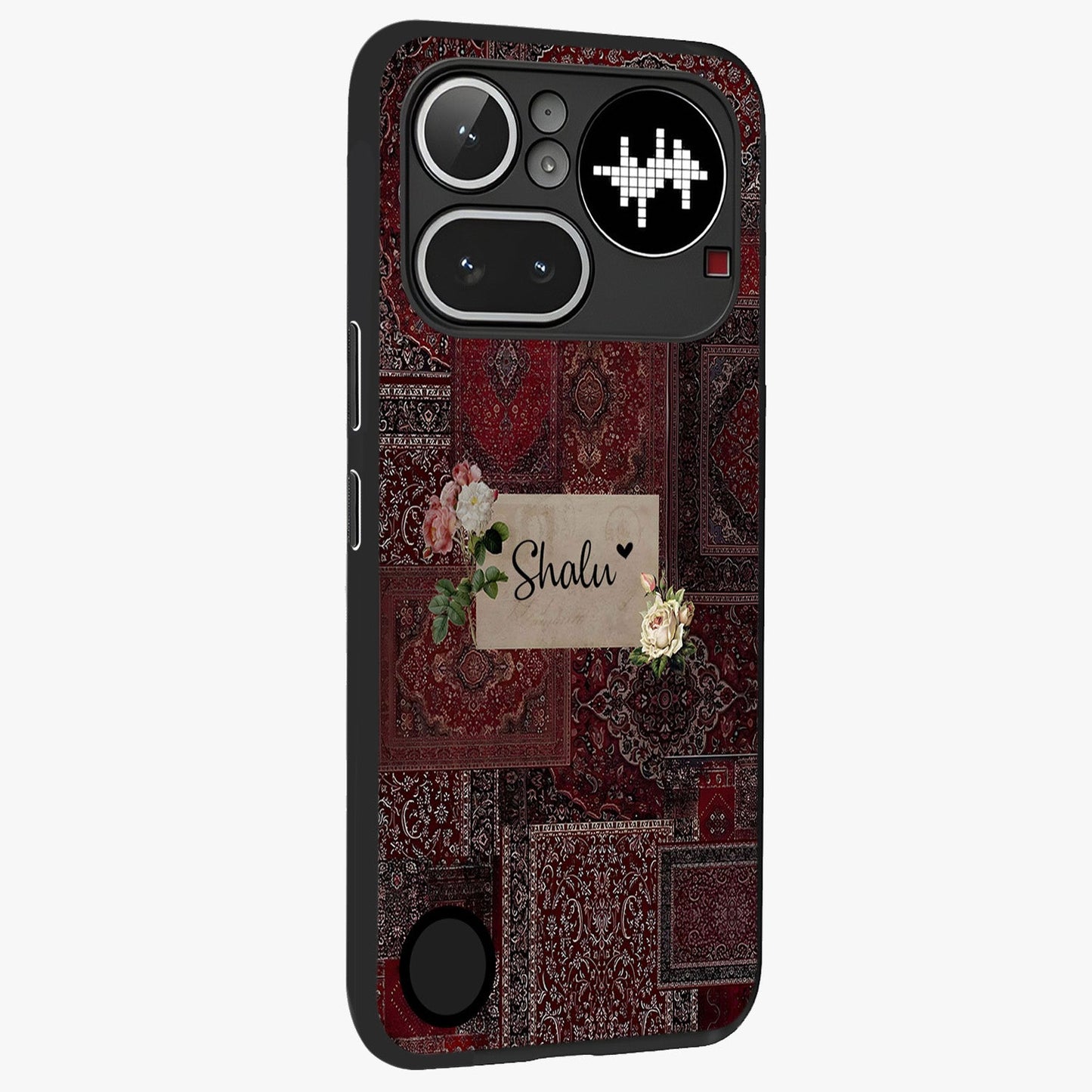 Velvet Wine Pattern Custom Name Glass Case upright view showcasing luxurious wine toned artwork with personalized aesthetic.
