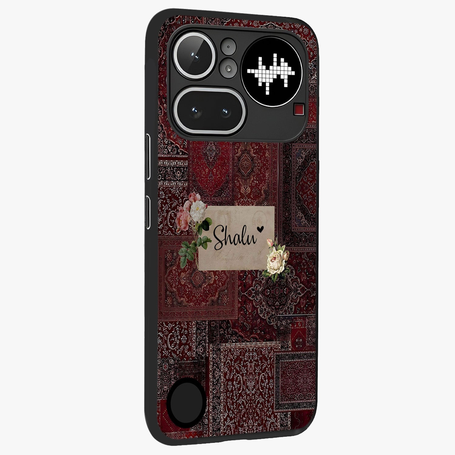 Velvet Wine Pattern Custom Name Glass Case upright view showcasing luxurious wine toned artwork with personalized aesthetic.