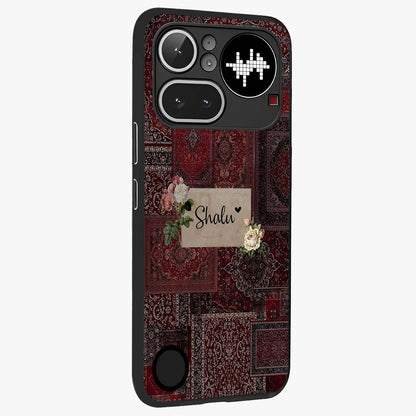 Velvet Wine Pattern Custom Name Glass Case upright view showcasing luxurious wine toned artwork with personalized aesthetic.