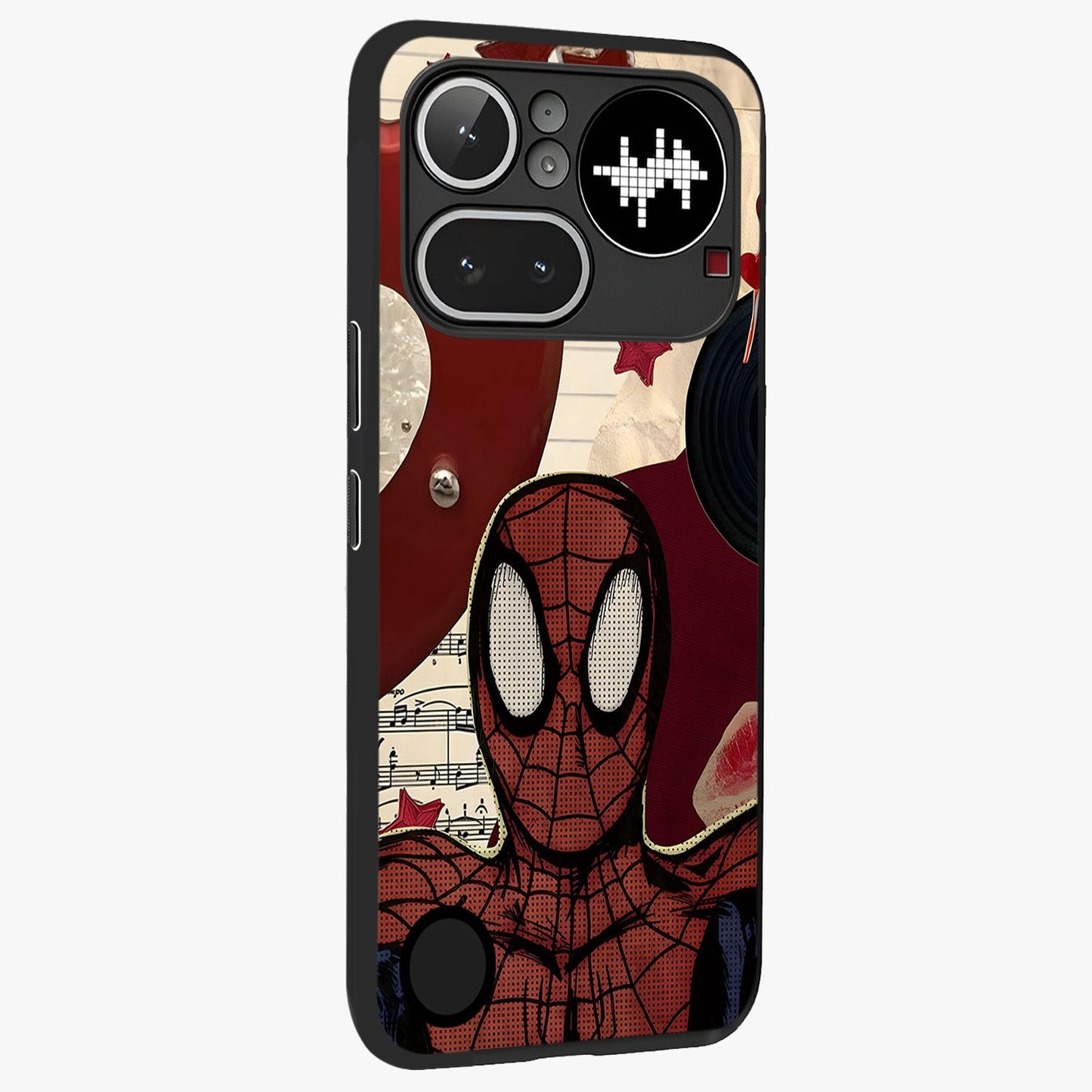 Web Warrior Vibes Glass Case upright view showcasing energetic superhero artwork with bold action theme.