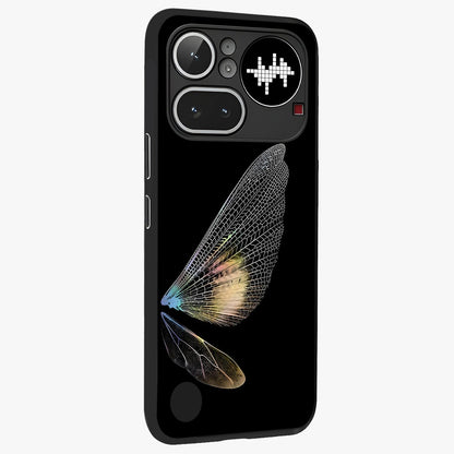 Whispers Of Wings Glass Case upright view showcasing elegant wing artwork with light airy theme.