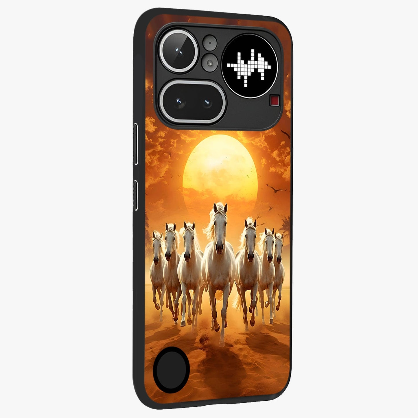 Wild Sunset Majesty Glass Case upright view showcasing dramatic sunset artwork with bold nature theme.