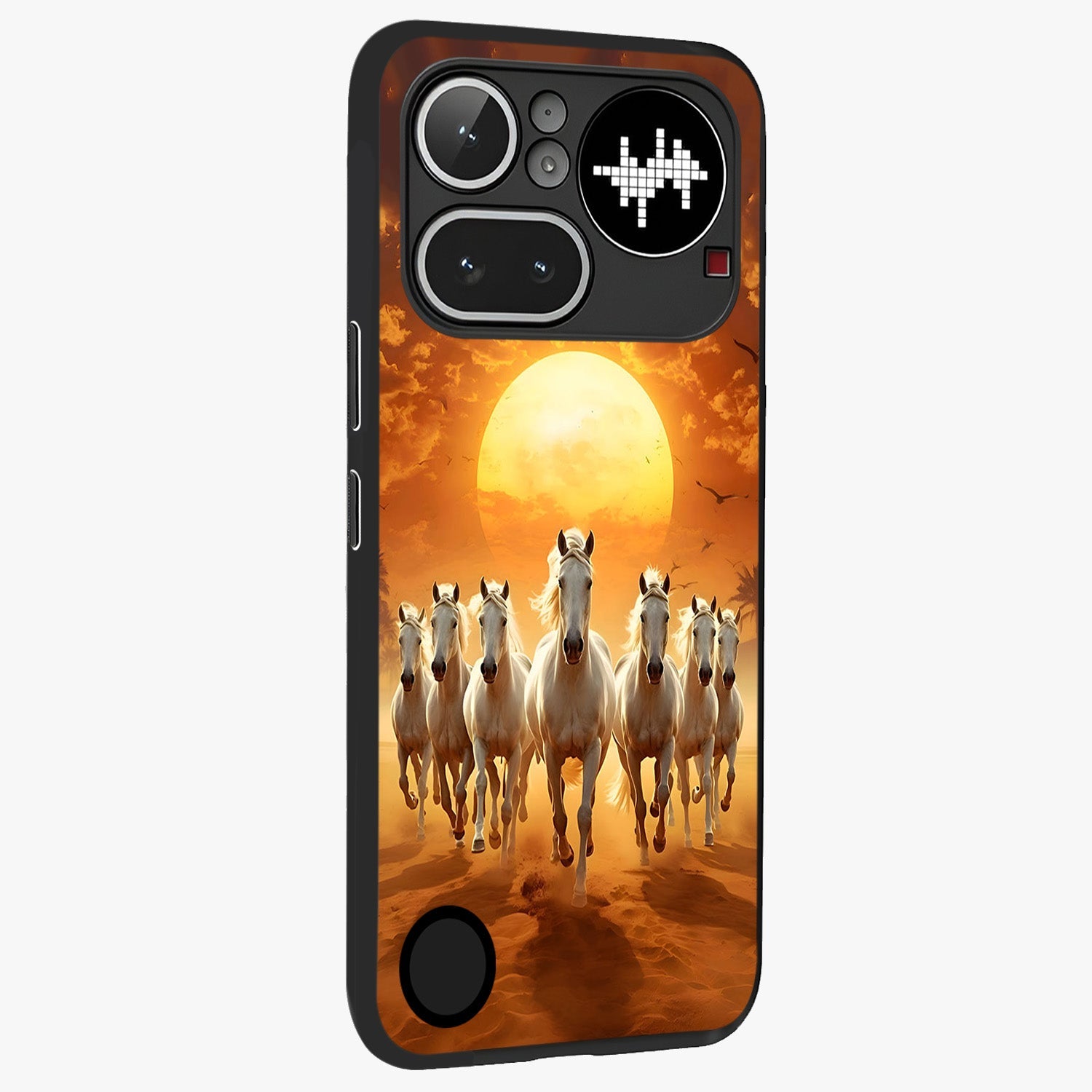 Wild Sunset Majesty Glass Case upright view showcasing dramatic sunset artwork with bold nature theme.
