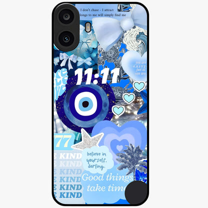 Aesthetic Be Kind Eye Glass Case showing flat back view with motivational eye artwork and glossy glass finish.