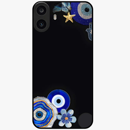 Aesthetic Blue Evil Eye Glass Case showing flat back view with protective evil eye artwork and glossy glass finish.
