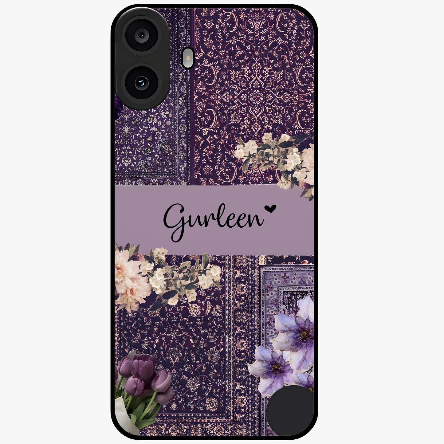 Antique Floral Whisper Custom Name Glass Case showing flat back view with vintage floral artwork and personalized name design.