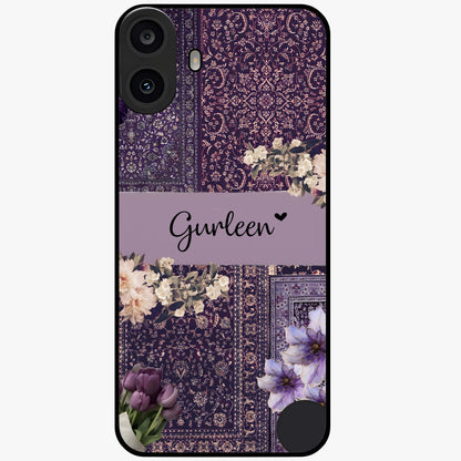 Antique Floral Whisper Custom Name Glass Case showing flat back view with vintage floral artwork and personalized name design.