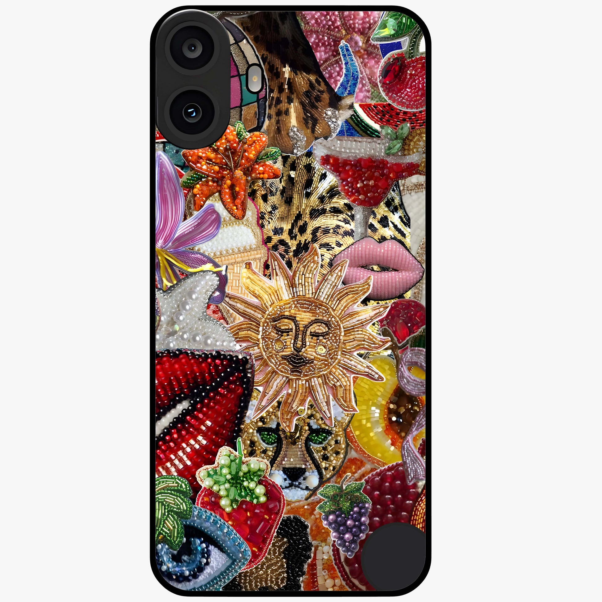 Beaded Fashion Jungle Glass Case showing flat back view with vibrant jungle inspired bead artwork and glossy glass finish.