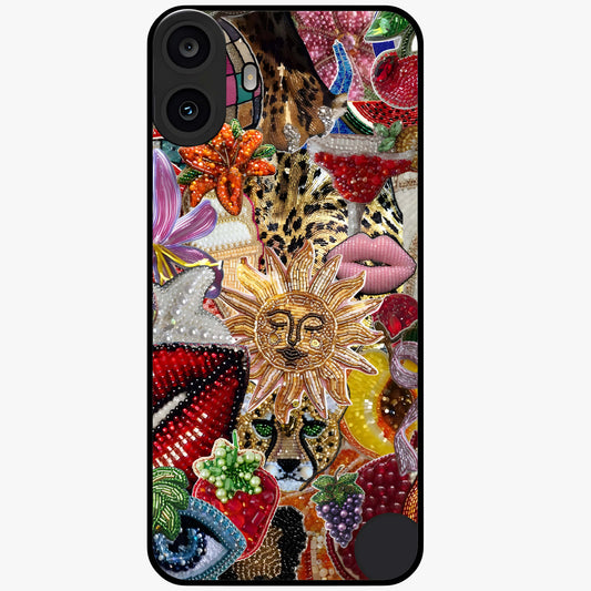Beaded Fashion Jungle Glass Case showing flat back view with vibrant jungle inspired bead artwork and glossy glass finish.