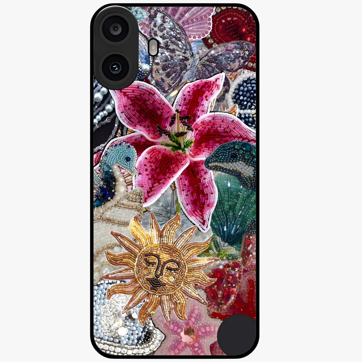 Beaded Garden Fantasy Glass Case showing flat back view with dreamy garden bead artwork and glossy glass finish.