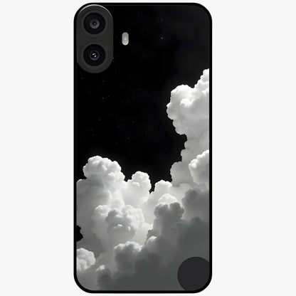 Black Background With White Cloud Glass Case showing flat back view with minimal cloud artwork on dark background and glossy glass finish.