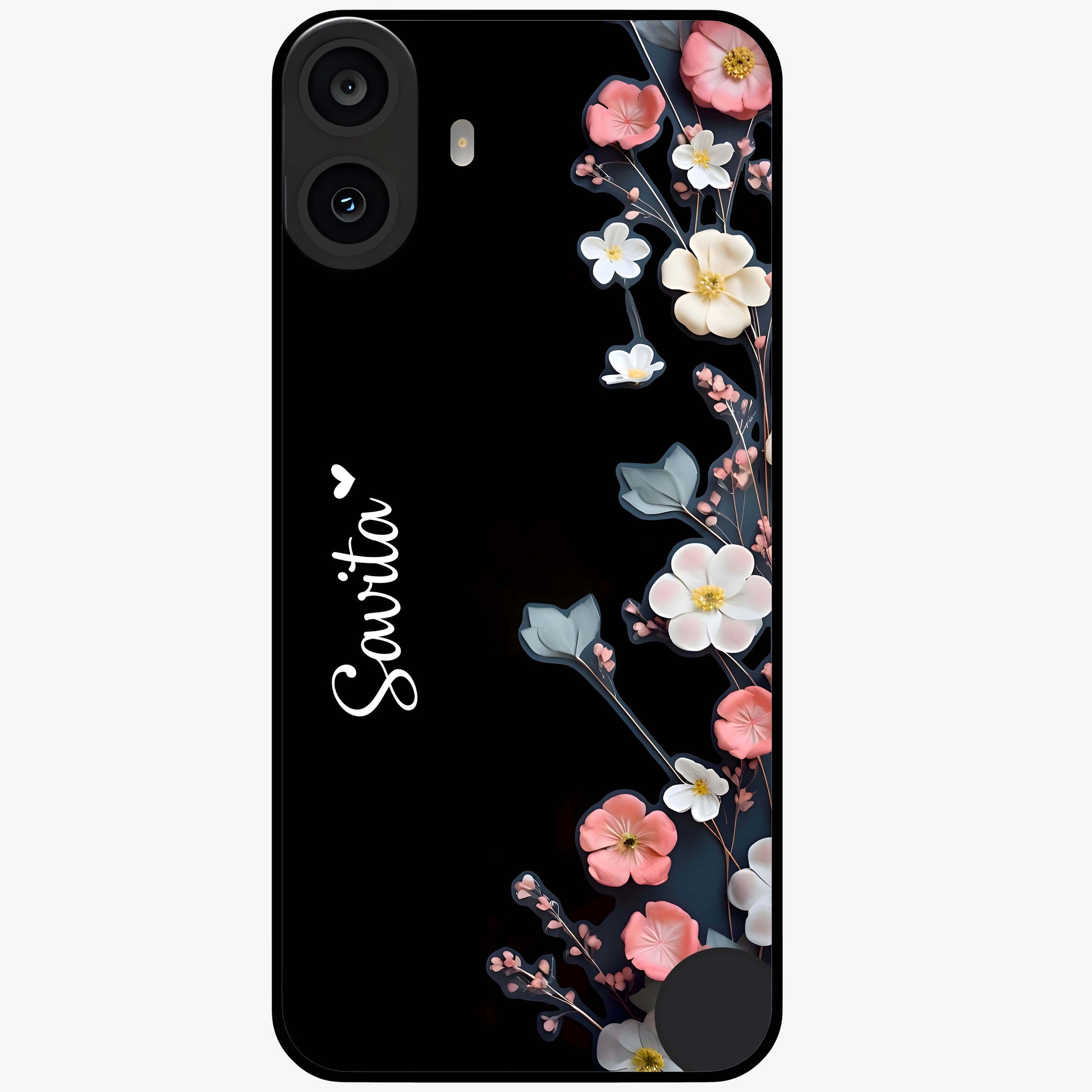 Black Elegance Floral Custom Name Glass Case showing flat back view with elegant floral artwork and personalized name design.