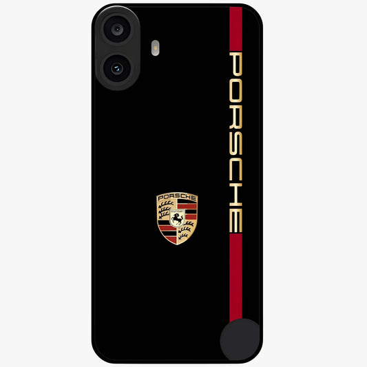 Black Minimal Porsche Glass Case showing flat back view with sleek minimal sports car artwork and glossy glass finish.