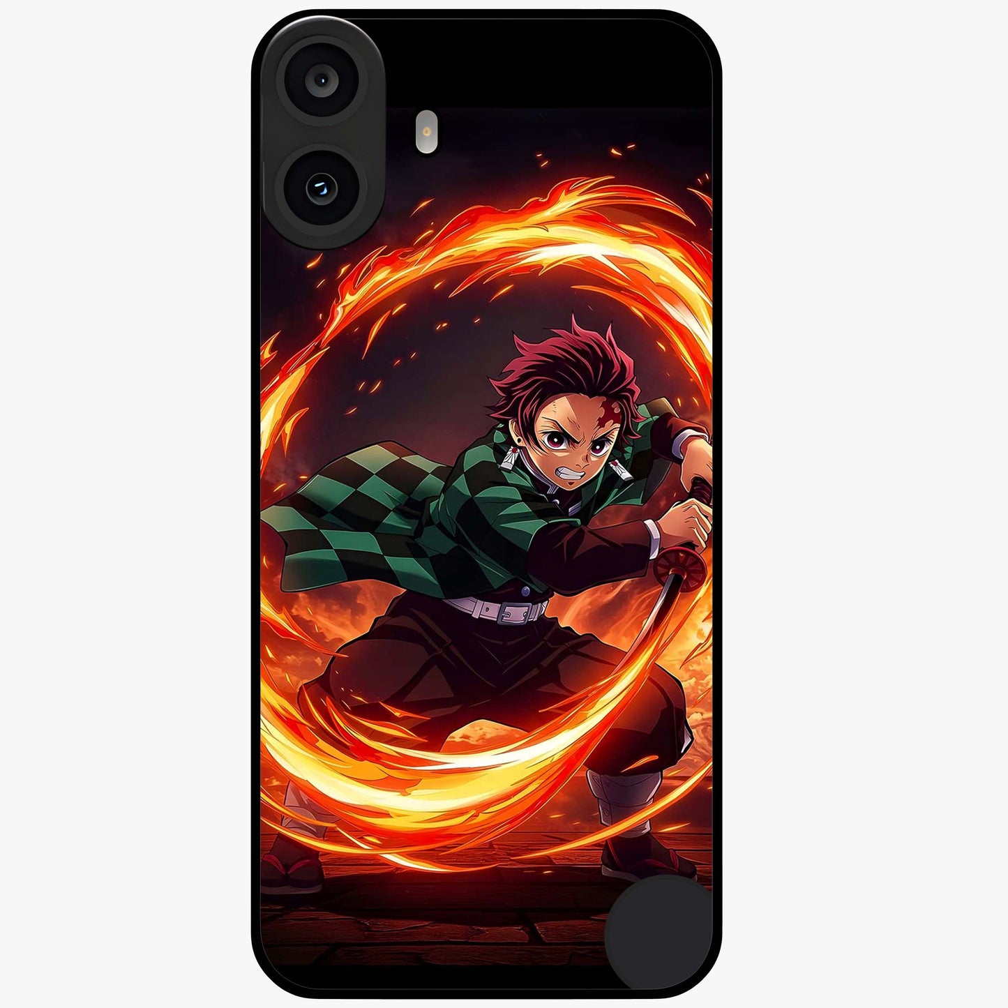 Blazing Sword Resolve Glass Case showing flat back view with fiery sword artwork and glossy glass finish.