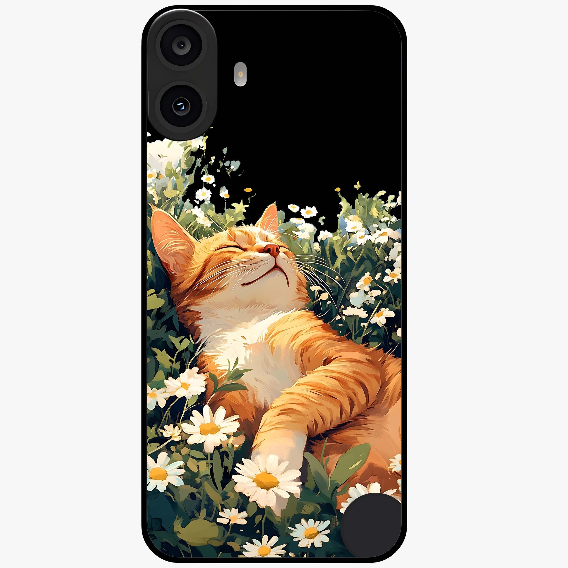 Blissful Bloom Cat Glass Case showing flat back view with cute cat and floral bloom artwork and glossy glass finish.