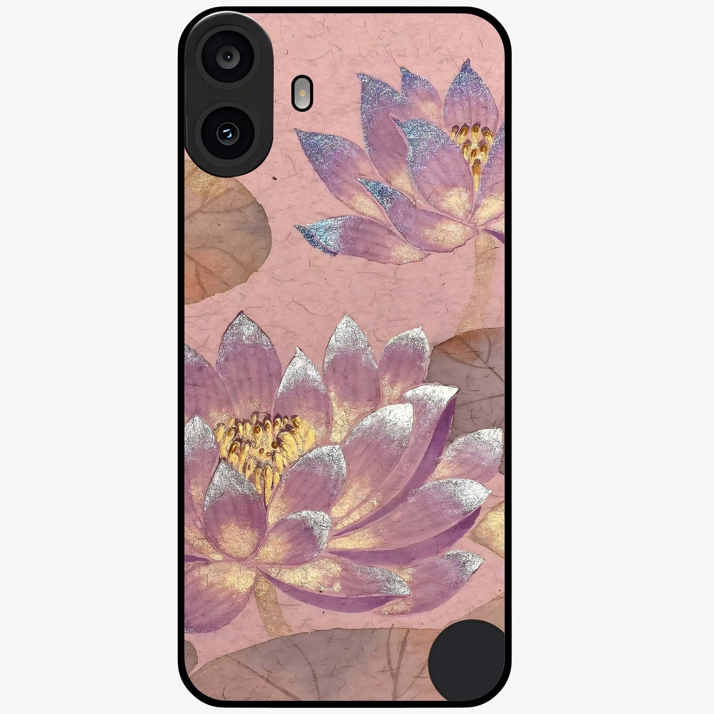 Blossom Mist Lotus Glass Case showing flat back view with serene lotus blossom artwork and glossy glass finish.