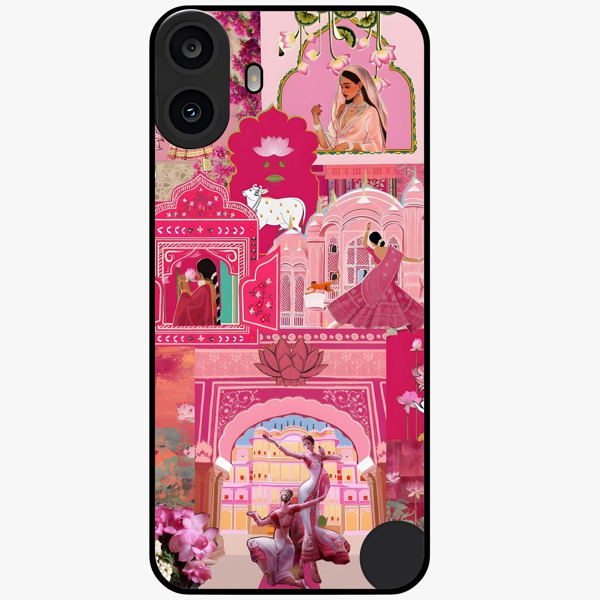 Blossoms of Rajasthan Glass Case showing flat back view with traditional floral artwork inspired by Rajasthan and glossy glass finish.