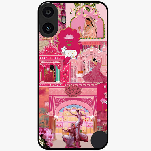 Blossoms of Rajasthan Glass Case showing flat back view with traditional floral artwork inspired by Rajasthan and glossy glass finish.