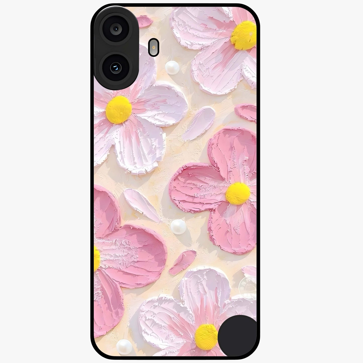 Blush Bloom Texture Glass Case showing flat back view with soft blush floral texture artwork and glossy glass finish.