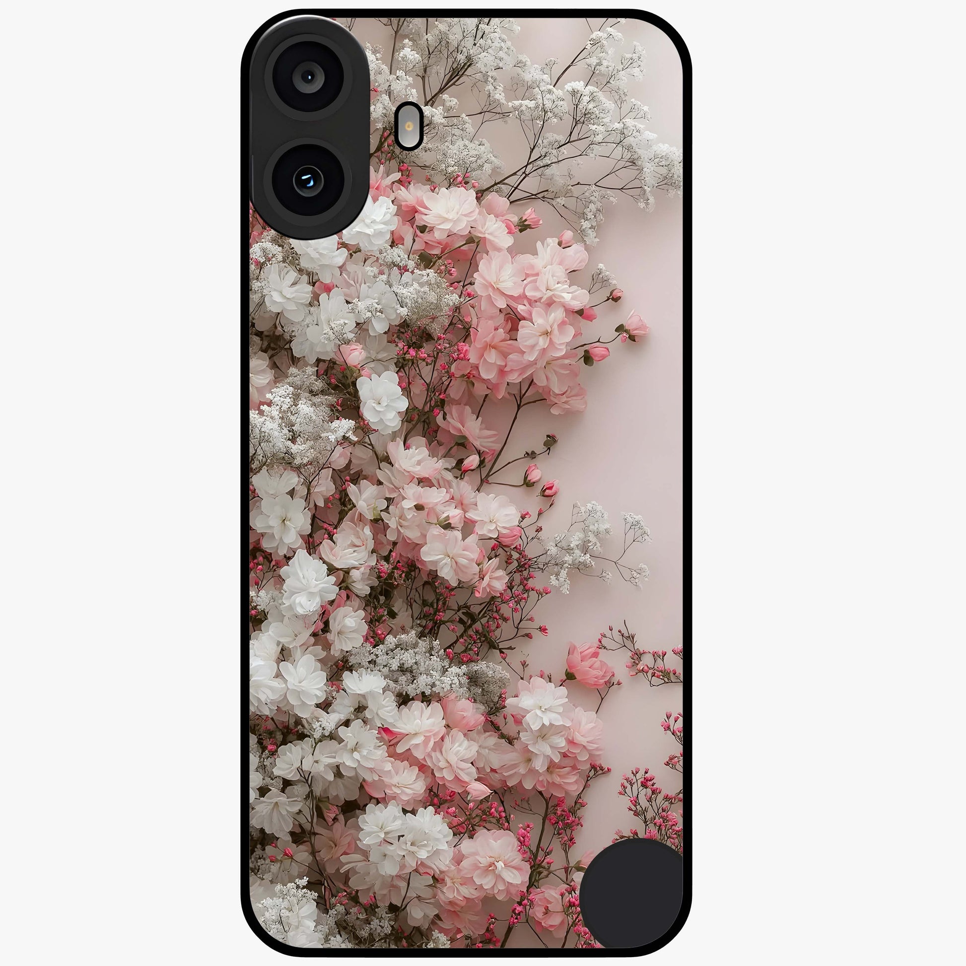 Blush Blossom Cloud Glass Case showing flat back view with dreamy blush cloud blossom artwork and glossy glass finish.
