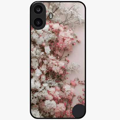 Blush Blossom Cloud Glass Case showing flat back view with dreamy blush cloud blossom artwork and glossy glass finish.
