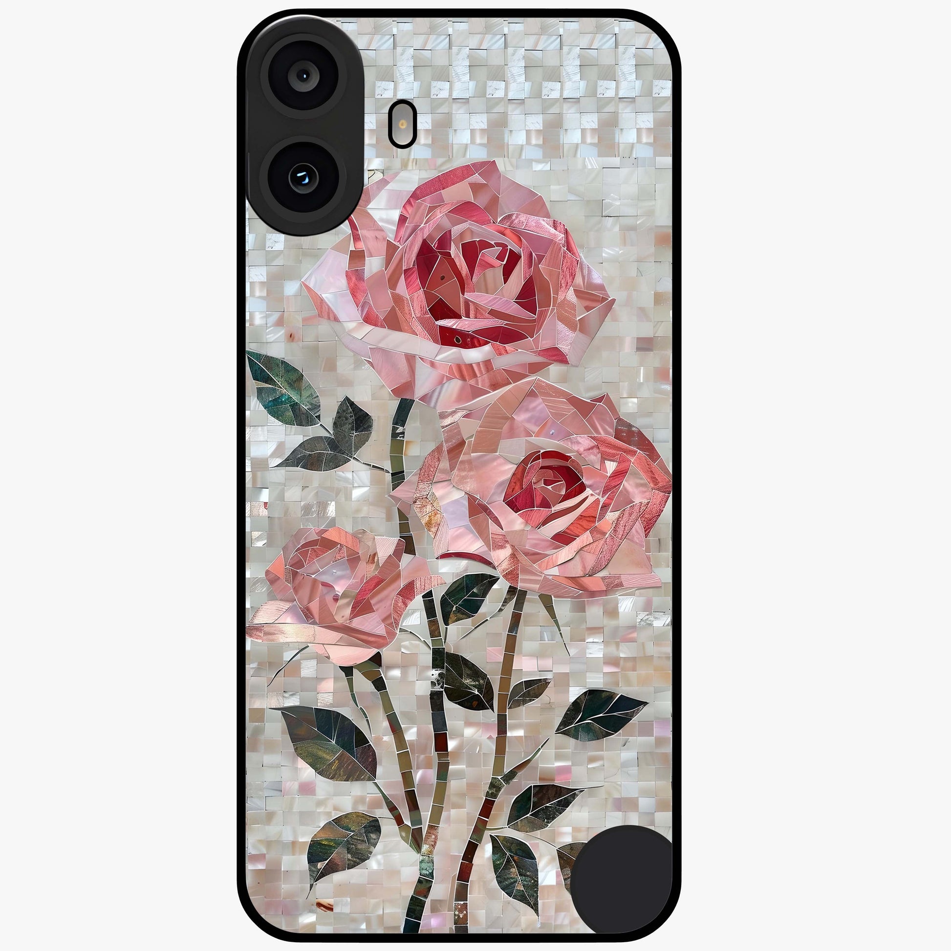 Blush Mosaic Bloom Glass Case showing flat back view with mosaic floral bloom artwork and glossy glass finish.