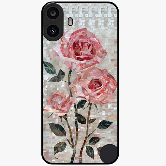 Blush Mosaic Bloom Glass Case showing flat back view with mosaic floral bloom artwork and glossy glass finish.