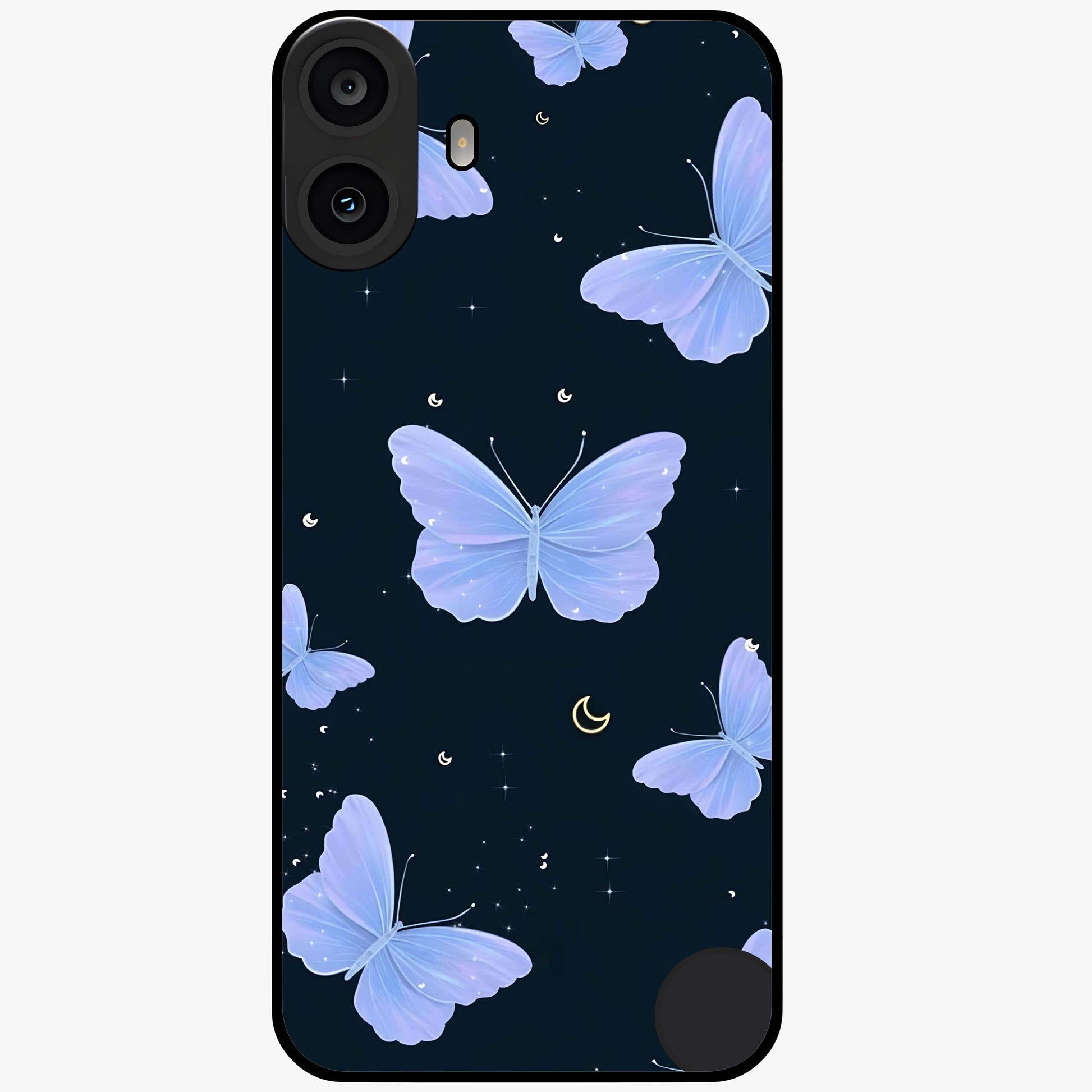 Butterfly With Stars Pattern Glass Case showing flat back view with butterfly and star pattern artwork and glossy glass finish.