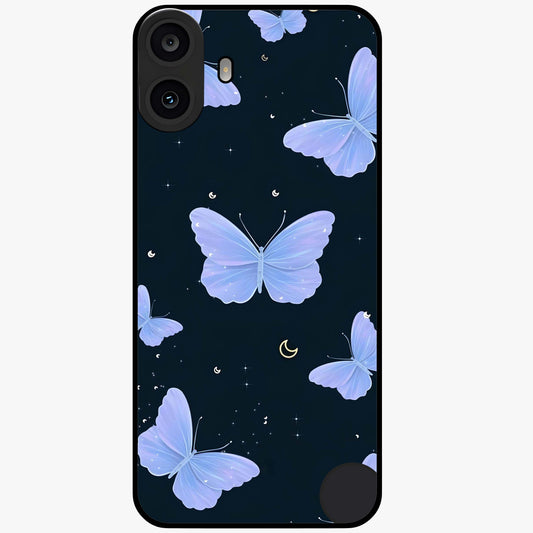 Butterfly With Stars Pattern Glass Case showing flat back view with butterfly and star pattern artwork and glossy glass finish.