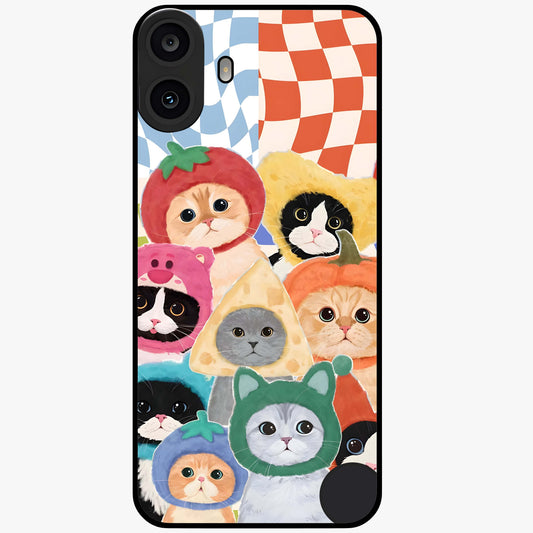Cats in Fruits Glass Case showing flat back view with playful cat illustrations inside fruit artwork and glossy glass finish.