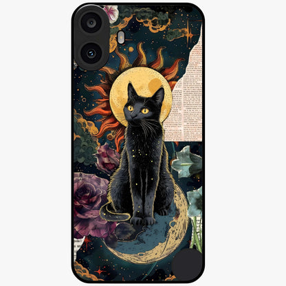 Celestial Black Cat Glass Case showing flat back view with mystical black cat artwork and glossy glass finish.