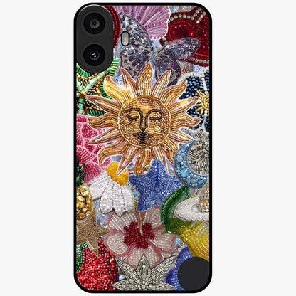 Celestial Floral and Playful Glass Case showing flat back view with floral and celestial themed artwork and glossy glass finish.
