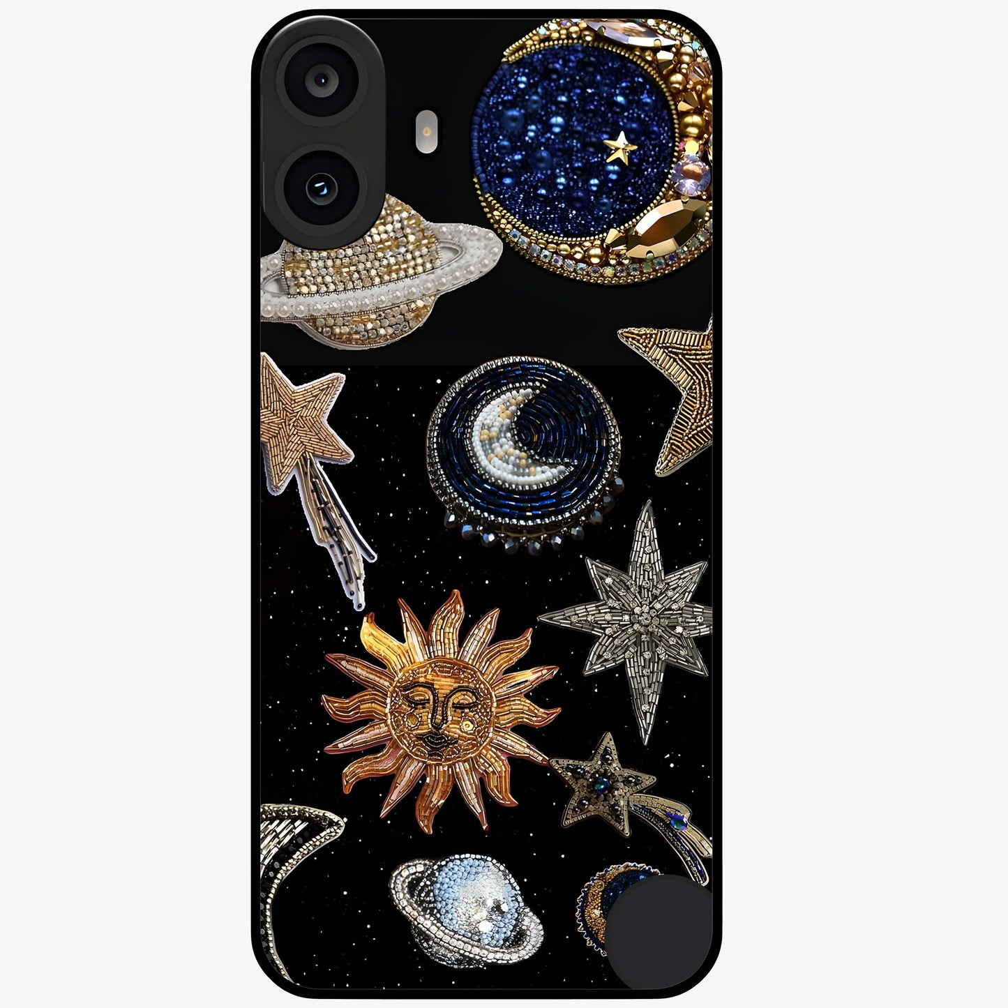 Celestial Gem Constellations Glass Case showing flat back view with sparkling constellation artwork and glossy glass finish.