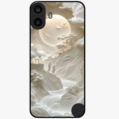 Celestial Origami Glass Case showing flat back view with artistic origami inspired celestial artwork and glossy glass finish.