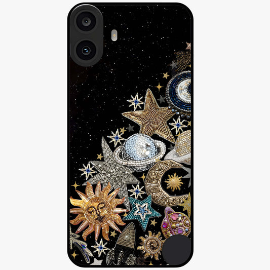 Cosmic Sparkle Dreams Glass Case showing flat back view with sparkling cosmic artwork and glossy glass finish.