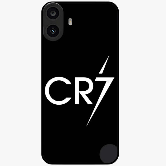 Cr7 Elite Strike Glass Case showing flat back view with dynamic football inspired artwork and glossy glass finish.