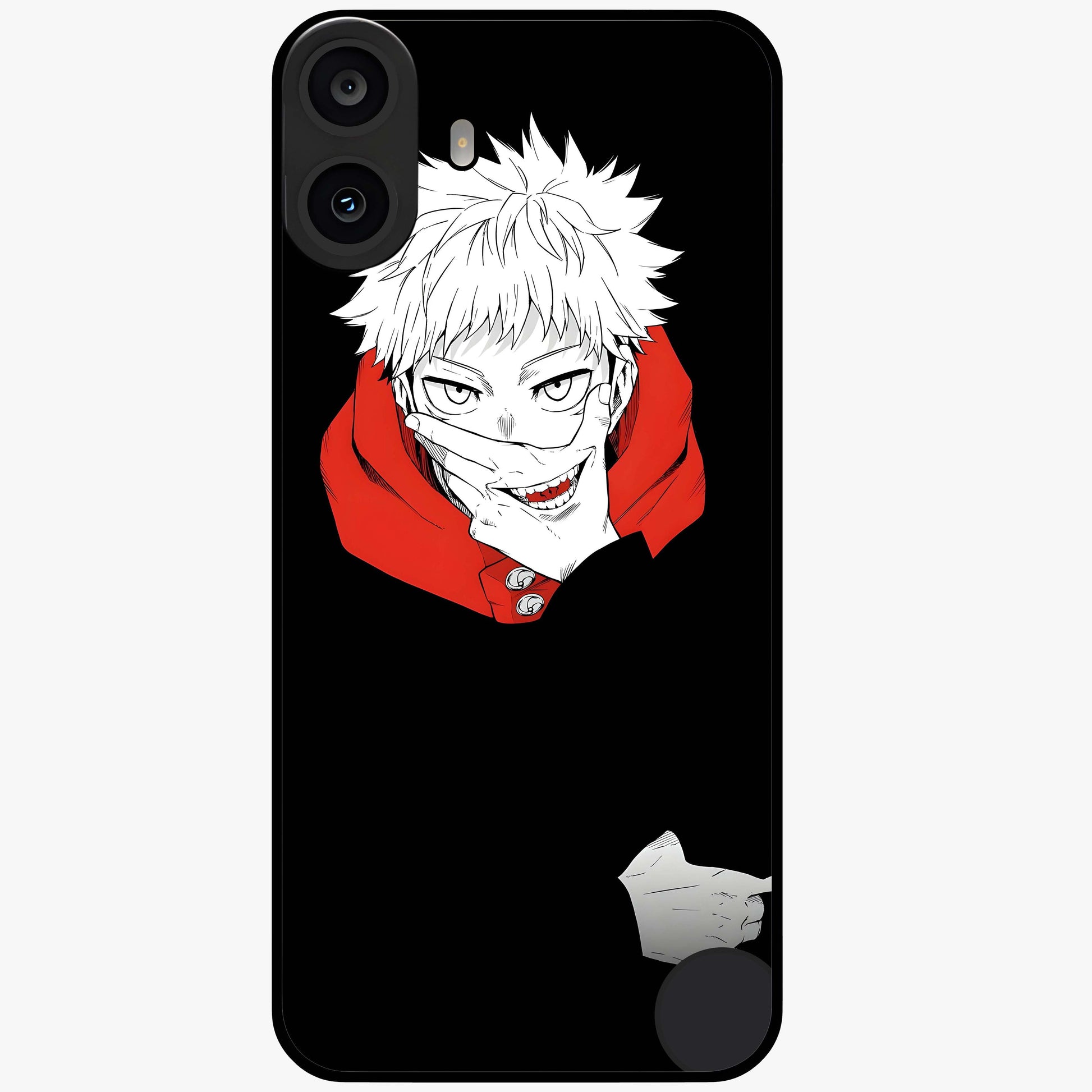 Crimson Chaos Smile Glass Case showing flat back view with bold chaotic smile artwork and glossy glass finish.