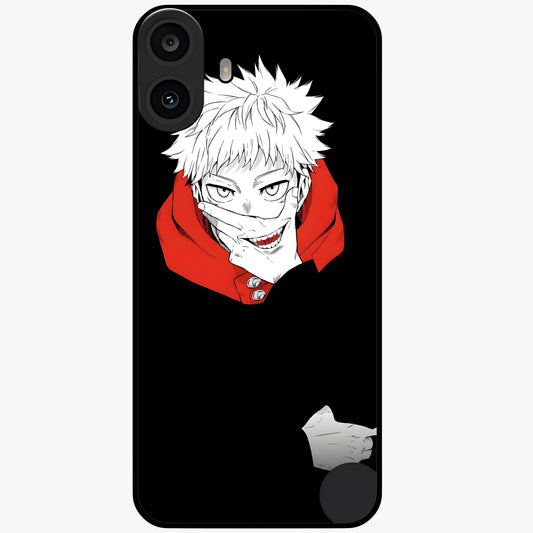 Crimson Chaos Smile Glass Case showing flat back view with bold chaotic smile artwork and glossy glass finish.
