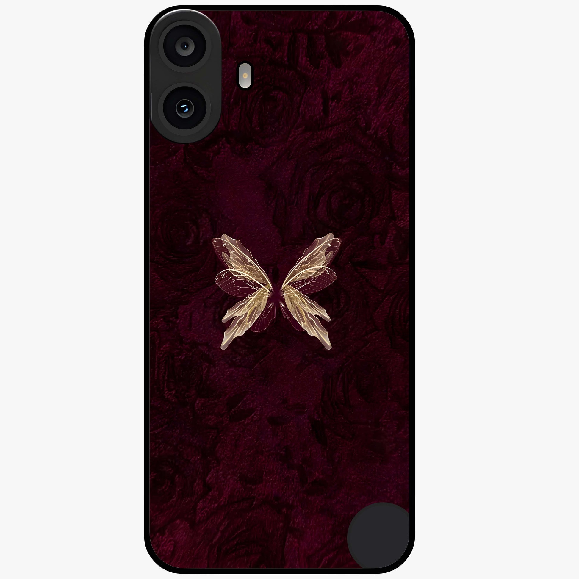 Crimson Fade Butterfly Glass Case showing flat back view with fading butterfly artwork and glossy glass finish.