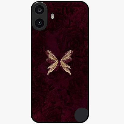 Crimson Fade Butterfly Glass Case showing flat back view with fading butterfly artwork and glossy glass finish.
