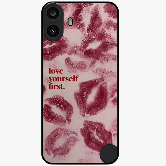 Crimson Kiss Love Glass Case showing flat back view with romantic crimson themed artwork and glossy glass finish.