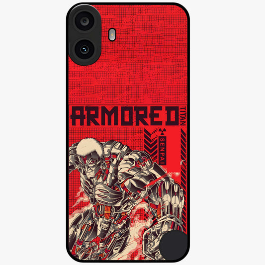 Crimson Mecha Titan Glass Case showing flat back view with powerful mech titan artwork and glossy glass finish.