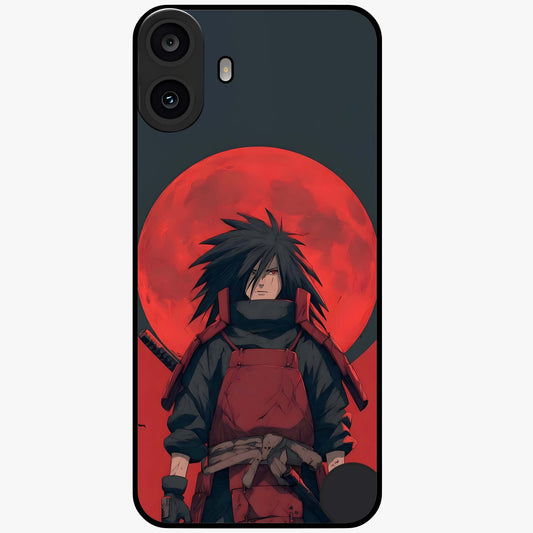Crimson Moon Warlord Glass Case showing flat back view with mystical moon warrior artwork and glossy glass finish.