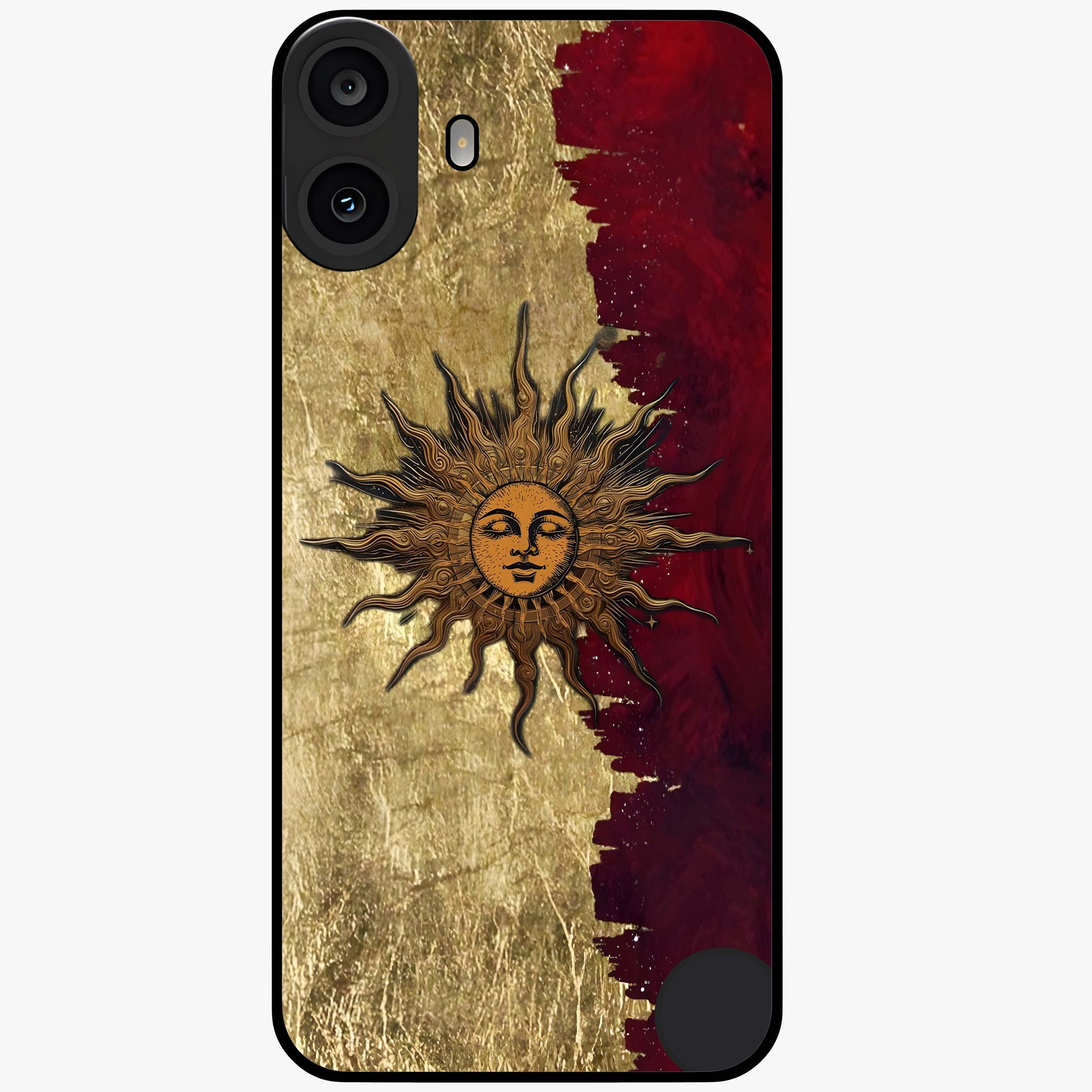 Crimson Sun Majesty Glass Case showing flat back view with radiant sun inspired artwork and glossy glass finish.
