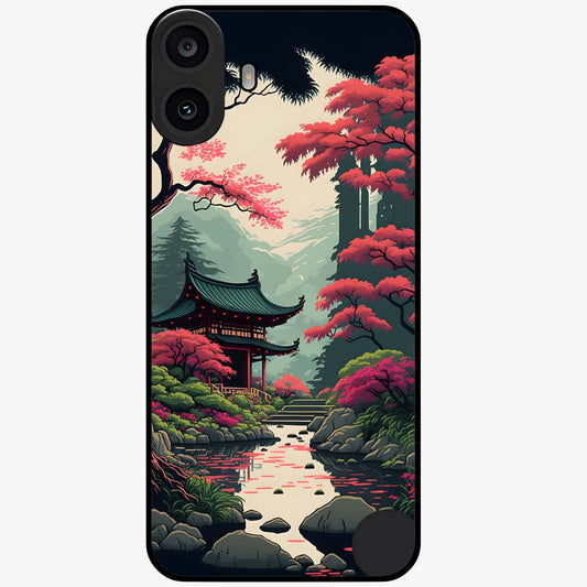 Crimson Temple View Glass Case showing flat back view with temple inspired artwork and glossy glass finish.