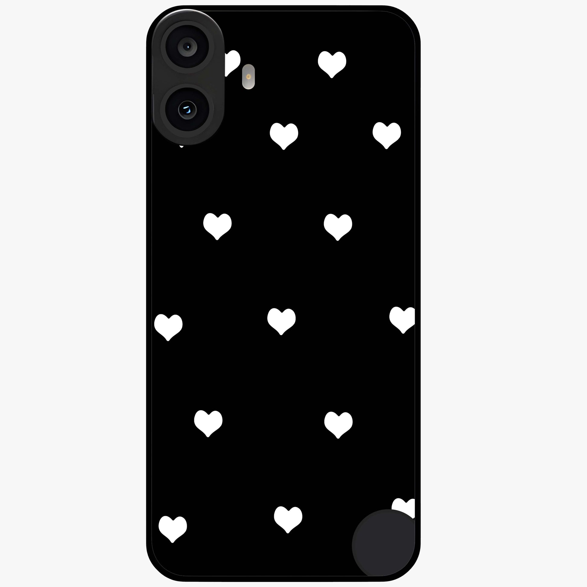 Cute And Simple White Hearts Glass Case showing flat back view with minimal white heart pattern and glossy glass finish.