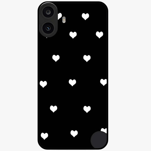 Cute And Simple White Hearts Glass Case showing flat back view with minimal white heart pattern and glossy glass finish.